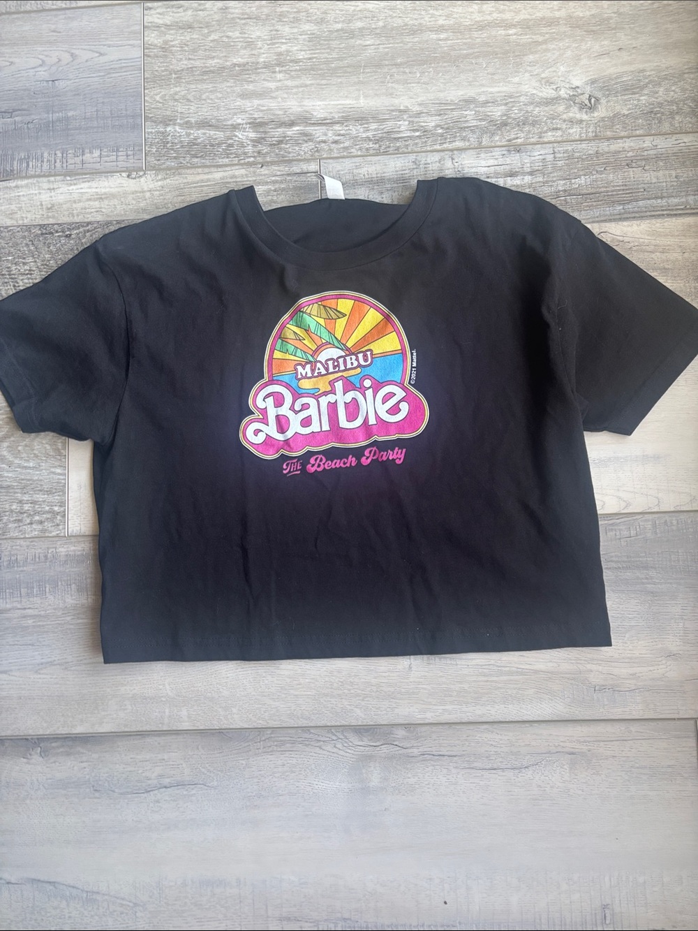Barbie Black Crop Tee with Colorful Malibu Logo